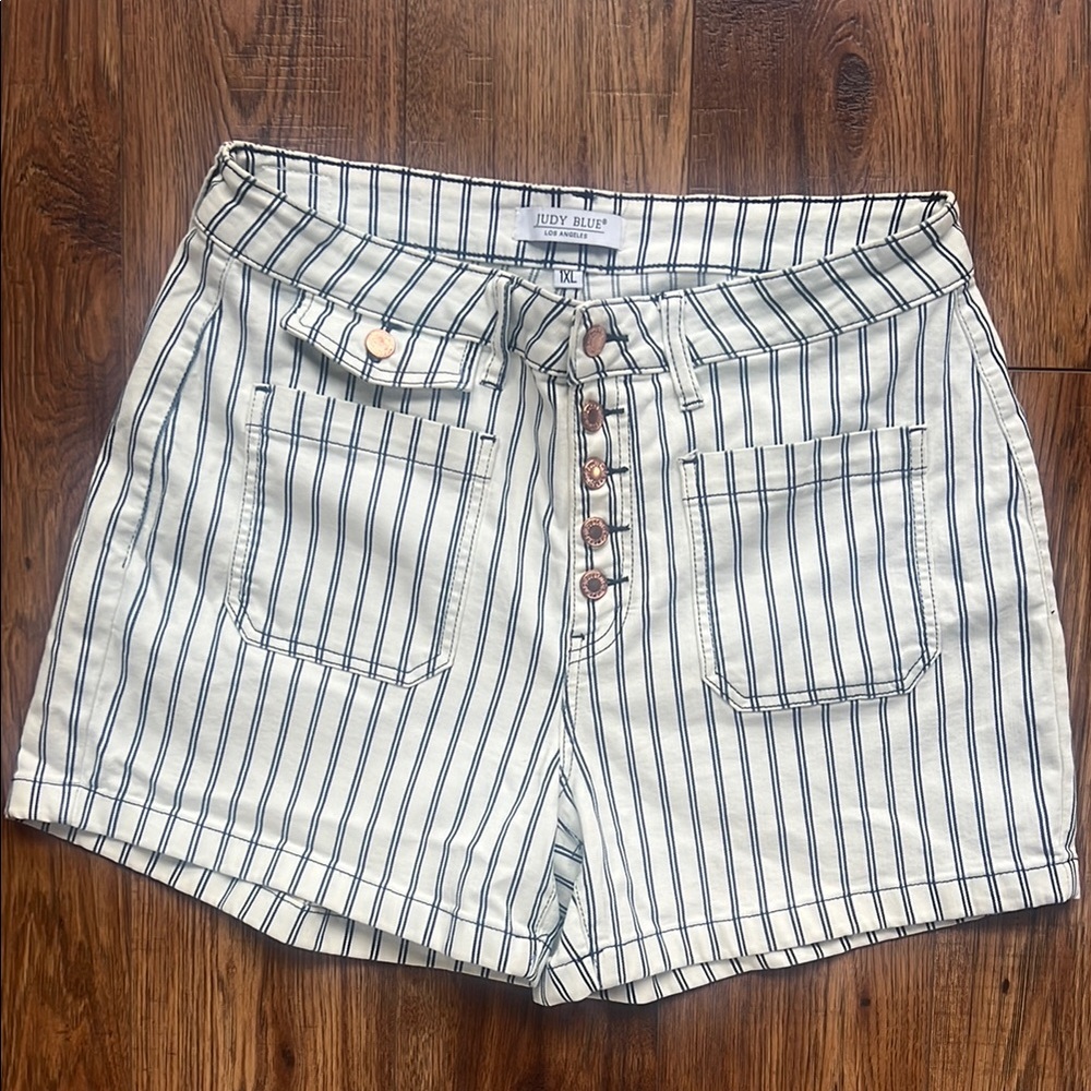 Judy Blue High Waist White and Blue stripe Shorts with rose gold button fly.